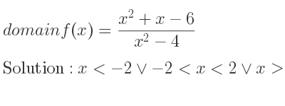 The domain of f(x)=(x^2+x-6)/(x^2-4) is x<-2\lor-2<x<2\lor x>2